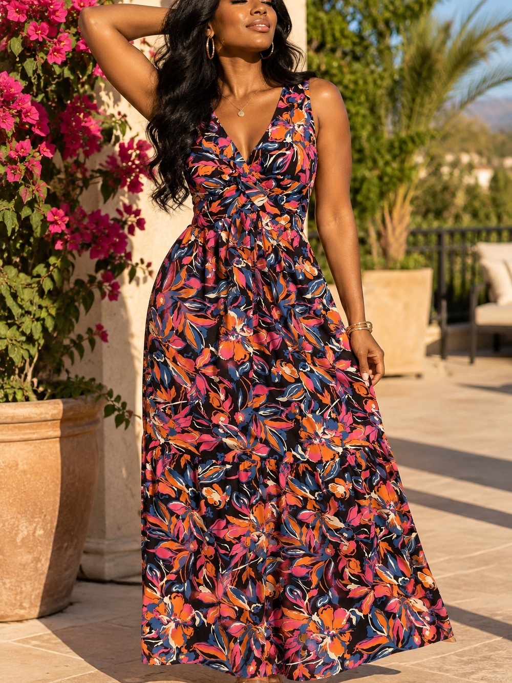 French ConnectioWomen's Maxi Dress Size XS - Black with Pink & Orange
